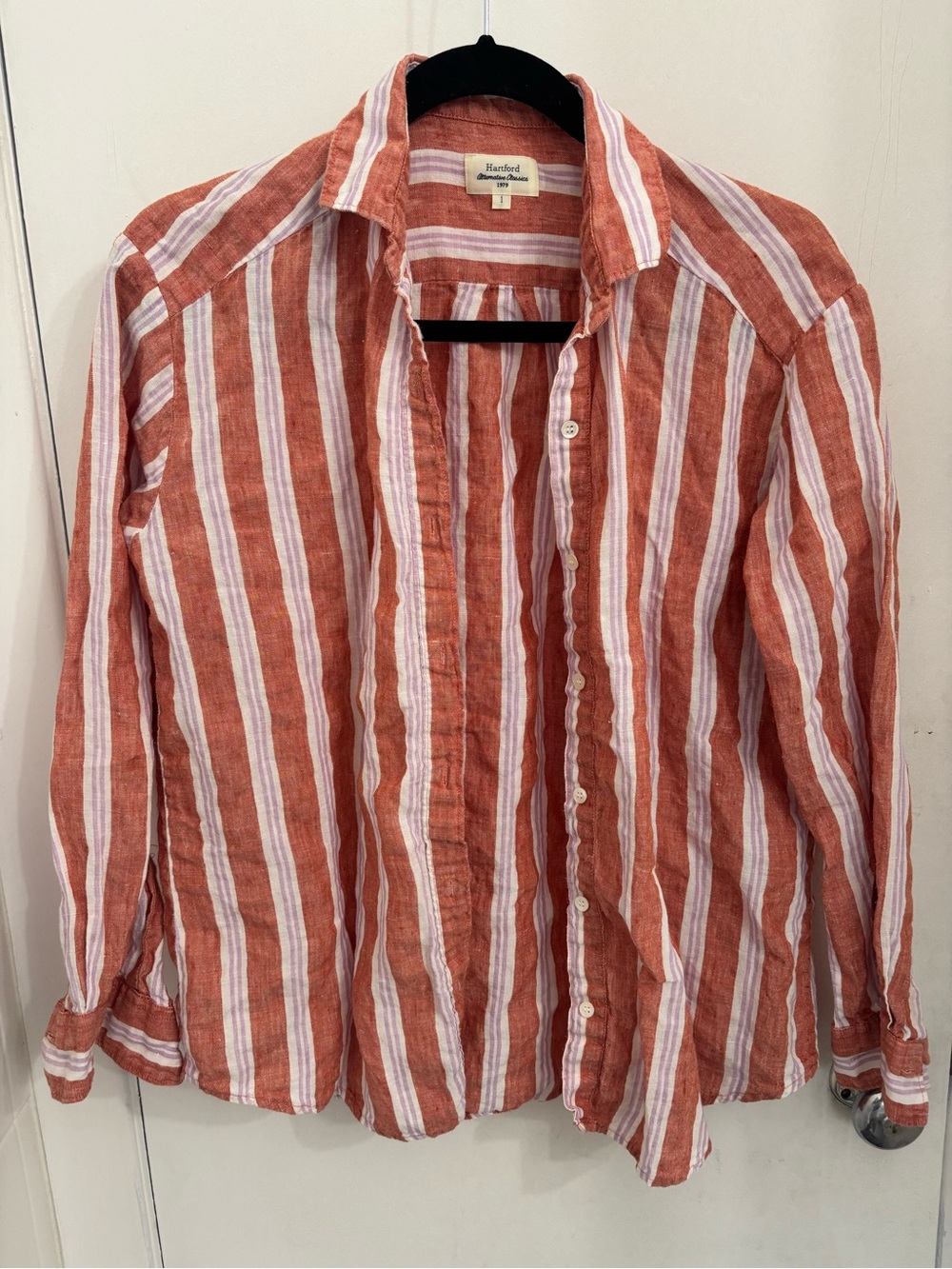 Hartford Charlot Red-Orange & White Striped Linen Button-Down Shirt